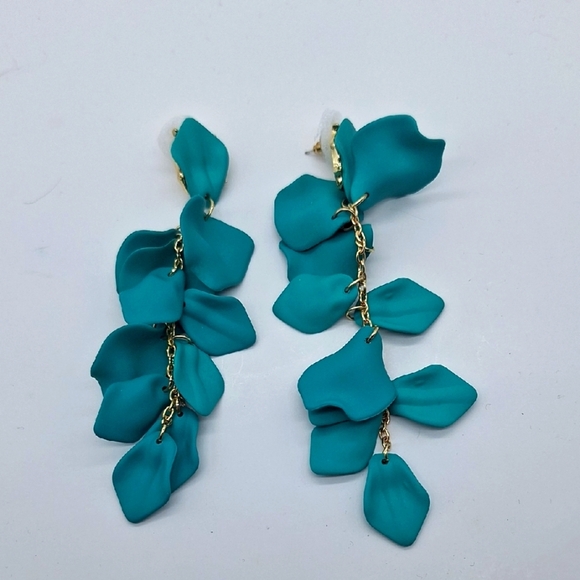 Statement Teal Petal Drop Earrings - Picture 2 of 3